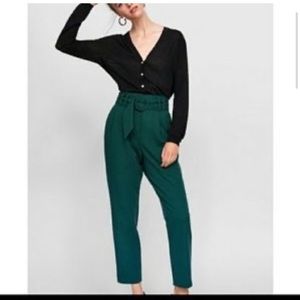 ZARA HIGH WAISTED GREEN PANTS WITH FABRIC-COVERED BELT